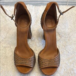 Brown Peep-Toe Heels with Ankle Strap and Studded Design